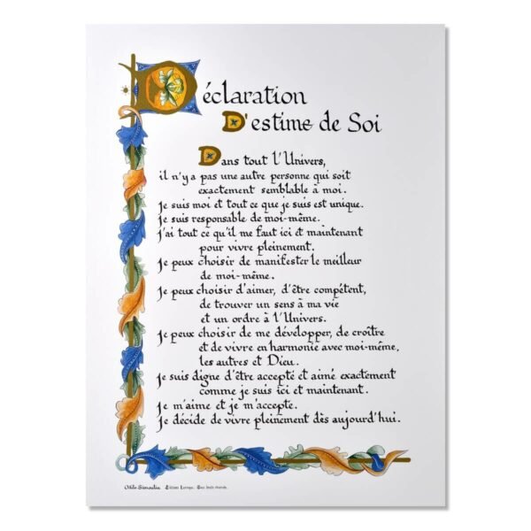 Fac-similé du texte manuscrit "Déclaration d'estime de soi"