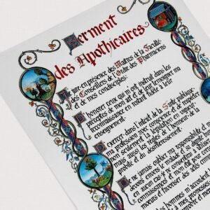 Texte calligraphié et illustré le Serment des Apothicaires