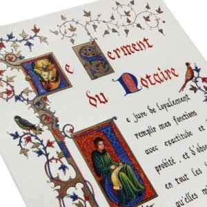 Détailes des enluminures et calligraphie du texte serment du notaire