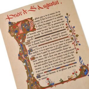 Détail calligraphie et enluminures de la prière de St Augustin
