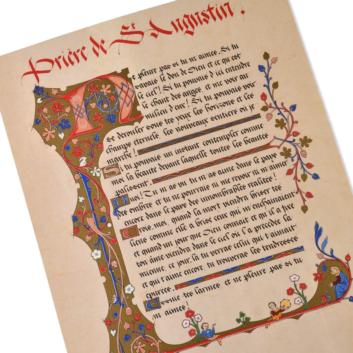 Détail calligraphie et enluminures de la prière de St Augustin