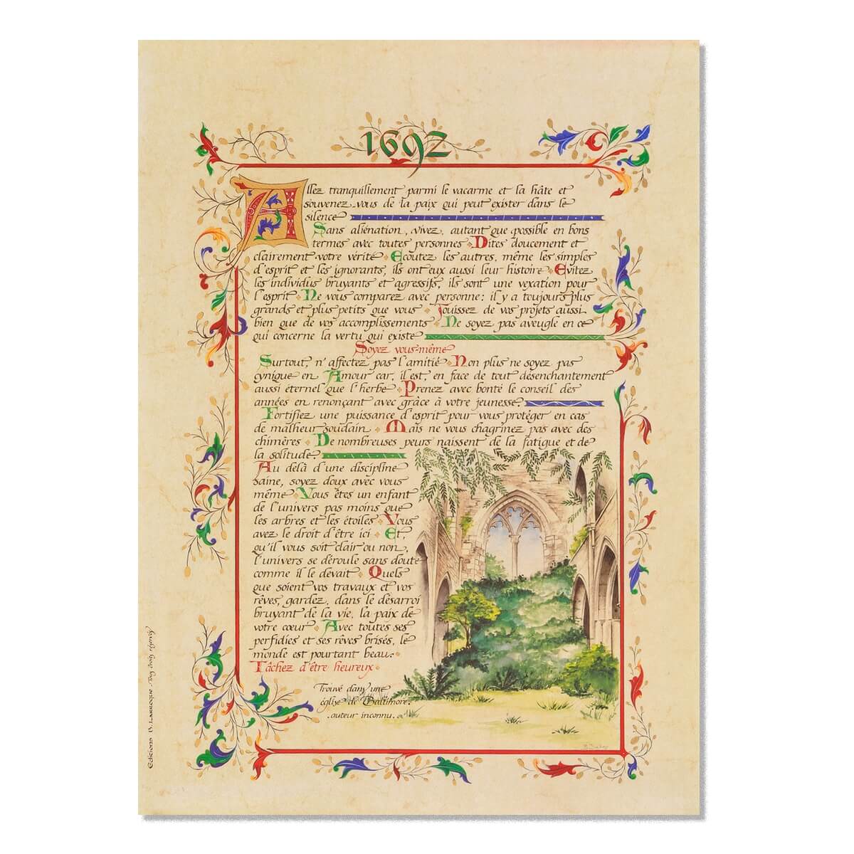 Texte manuscrit décoré d'enluminures "1692"
