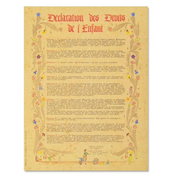 affiche décorative du texte manuscrit et décoré de la déclaration des droits de l'enfant