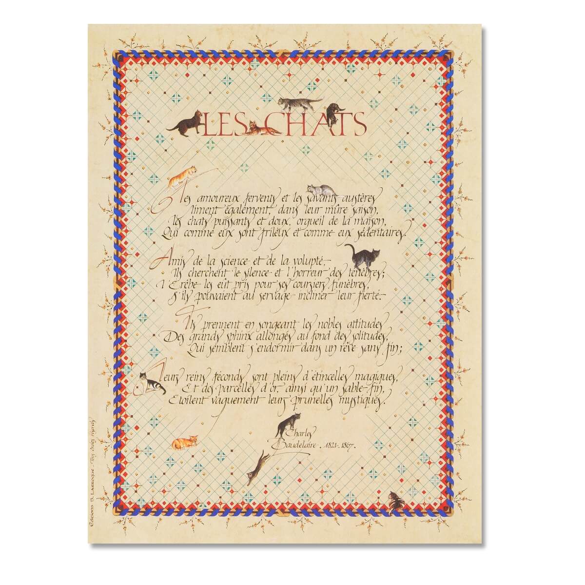 Affiche décorative calligraphiée et illustrée avec le poème les chats de Baudelaire