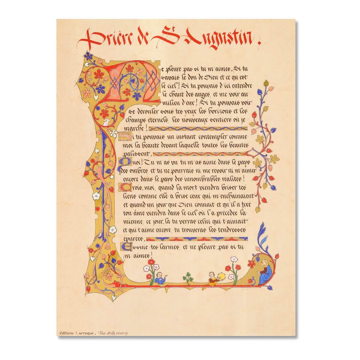 Affiche décorative texte calligraphié et illustré en eluminure de la prière de St Augustin