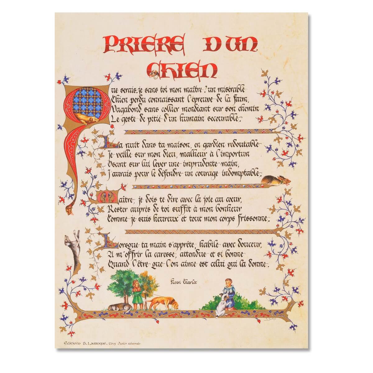 Texte manuscrit et enluminé du poème "Prière d'un chien"