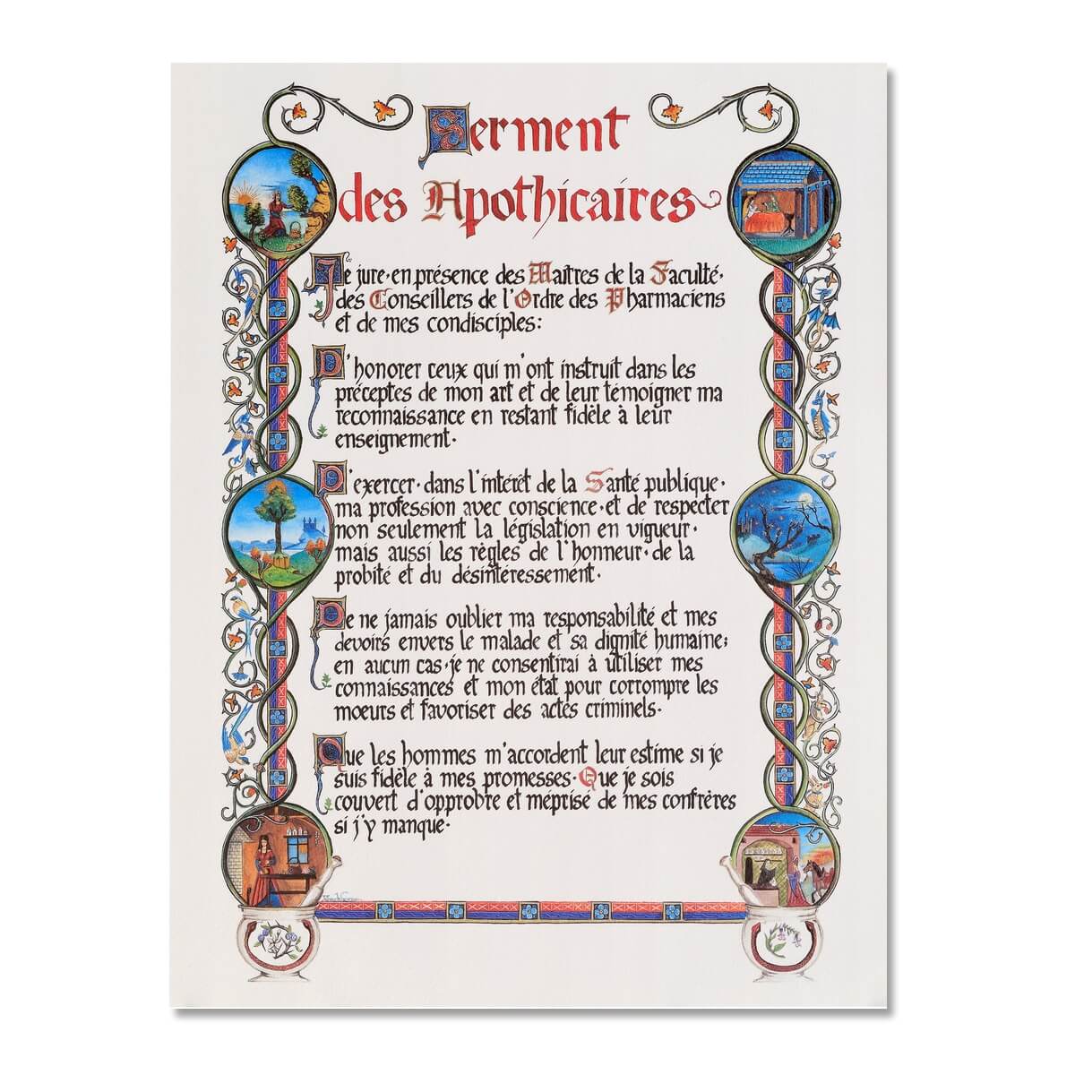 Texte calligraphié et illustré le Serment des Apothicaires