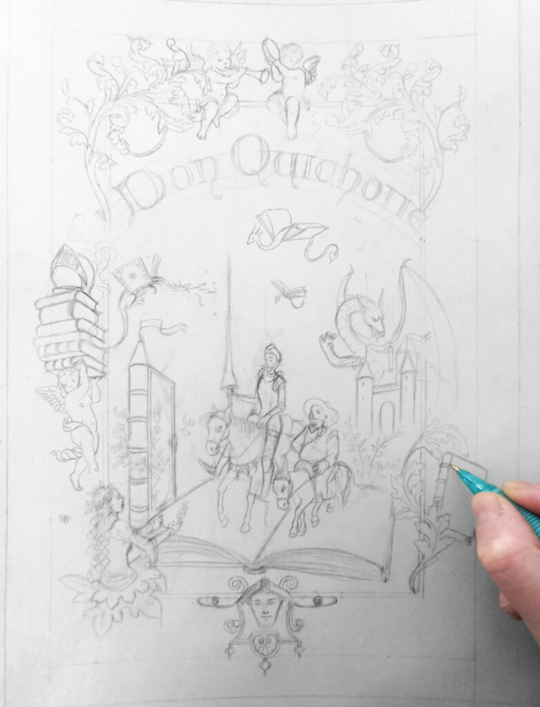 Esquisse au crayon, étape de création de la page titre de Don Quichotte : prochain livre de collection aux Editions Larroque