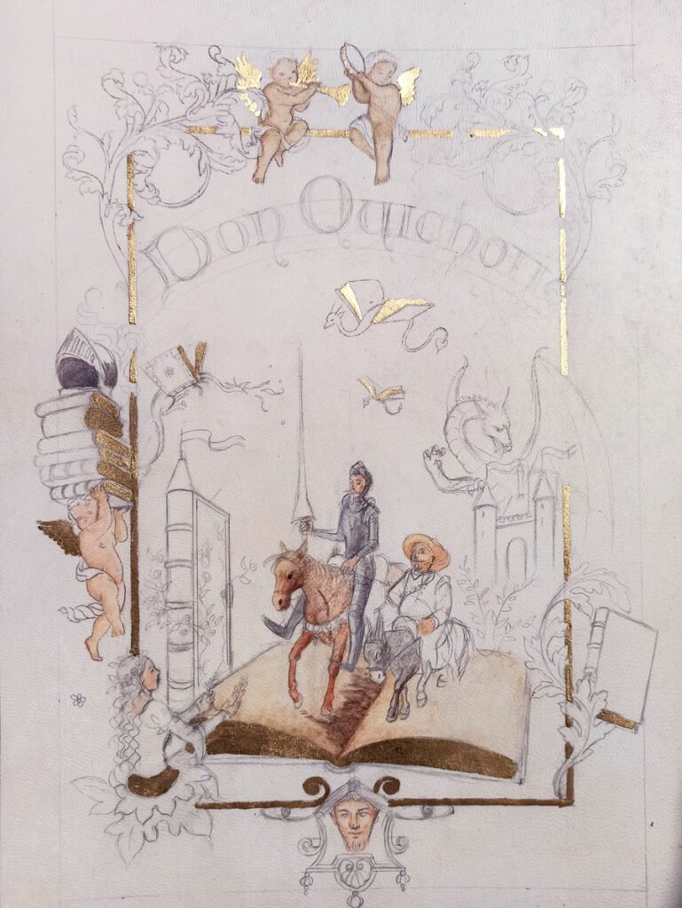 Étape de création de la page titre de Don Quichotte : prochain livre de collection aux Editions Larroque