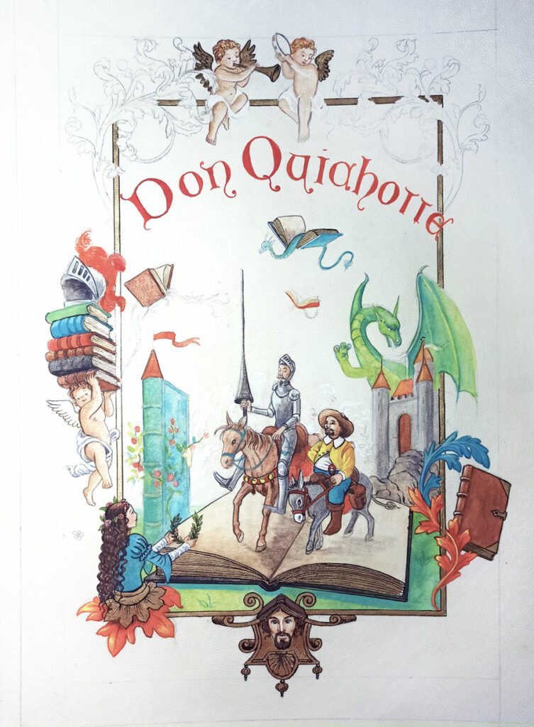 Étape de l'illustration de la page de titre de Don Quichotte : prochain livre de collection aux Editions Larroque