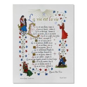 Texte décoratif du poème La Vie est La Vie de mère Térésa calligraphié et décoré d'enluminures
